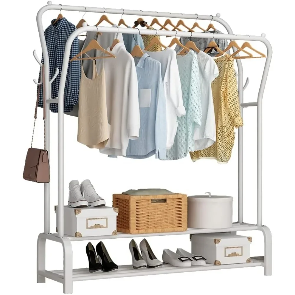 

Garment Rack Freestanding Hanger Double Rods Multi-functional Bedroom Clothing Rack, Double layer ，4 Hooks