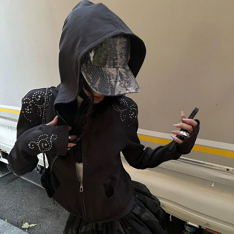 

Y2K Diamond толстовки женские модные укороченные толстовки с капюшоном в стиле Харадзюку осенняя уличная одежда в стиле гранж с длинным рукавом повседневные куртки на молнии