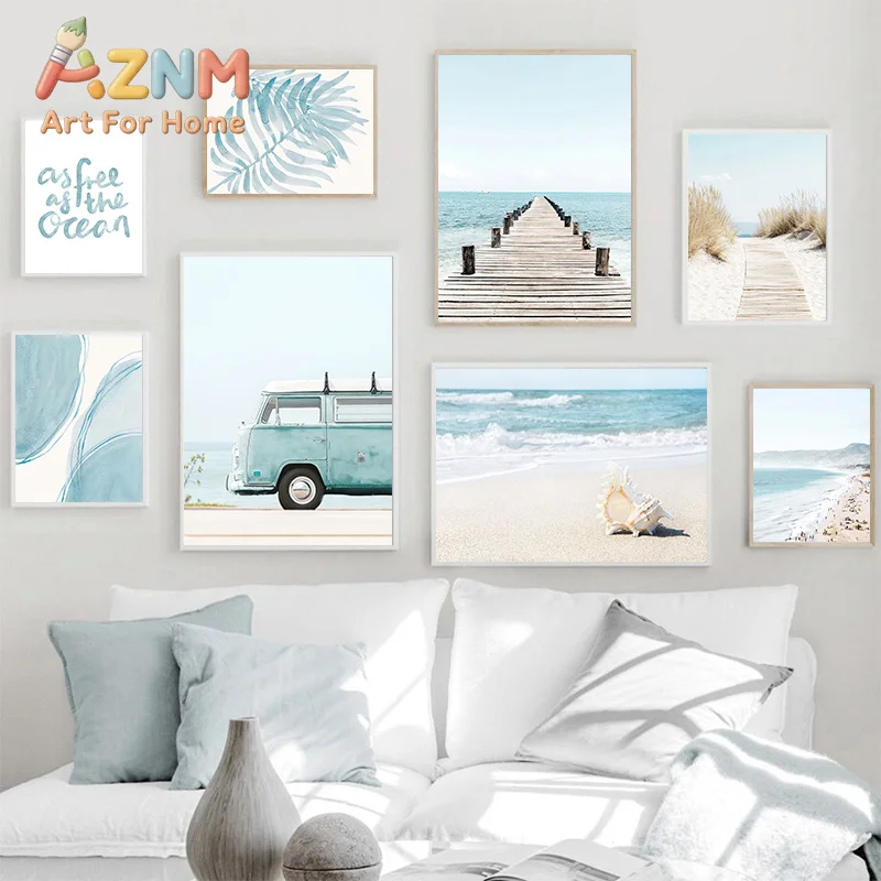 Ocean Beach Bridge Wall Art Canvas Paintings Sea Palm Tree Leaves Bus Posters Nordic Living Room Prints Pictures for Home Dec