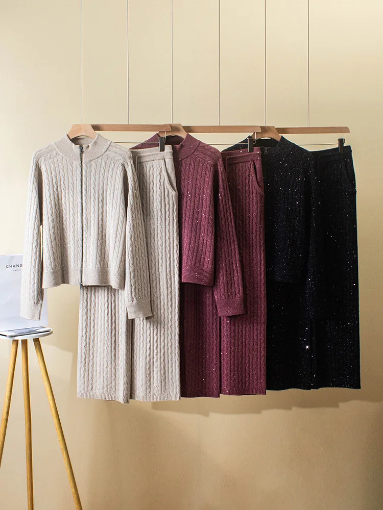 

Winter Women's Sequined Cashmere Pants Suit Zipper Stand Collar Cardigan or Elastic Waist Long Pants Casual Ladies Set