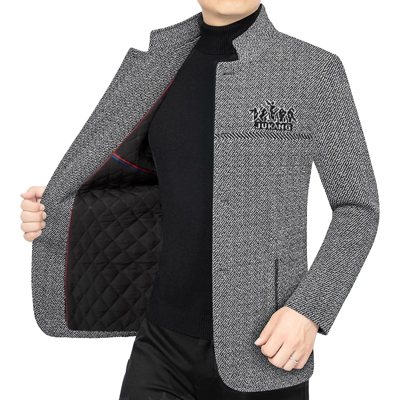 New Winter Men Fleece Woollen Blazers Jackets Cashmere Trench Coats Stand-up Collar Business Casual Suits Coats Jackets Size 4XL