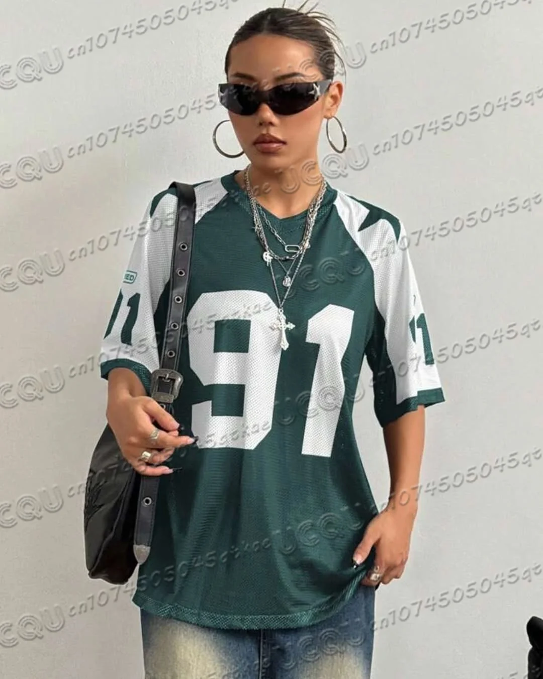 女性特大 Tシャツ V ネック半袖夏パッチワークスピード 91 プリントストリートトップスカジュアルサッカージャージ Y2k Tシャツ