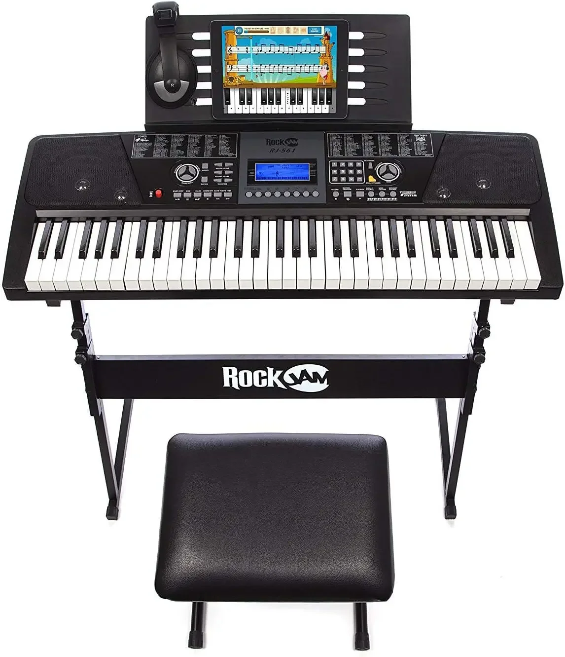 61 Key Keyboard Piano With LCD Display Kit, Stand, Bench, Headphones, Simply App & Keynote Stickers