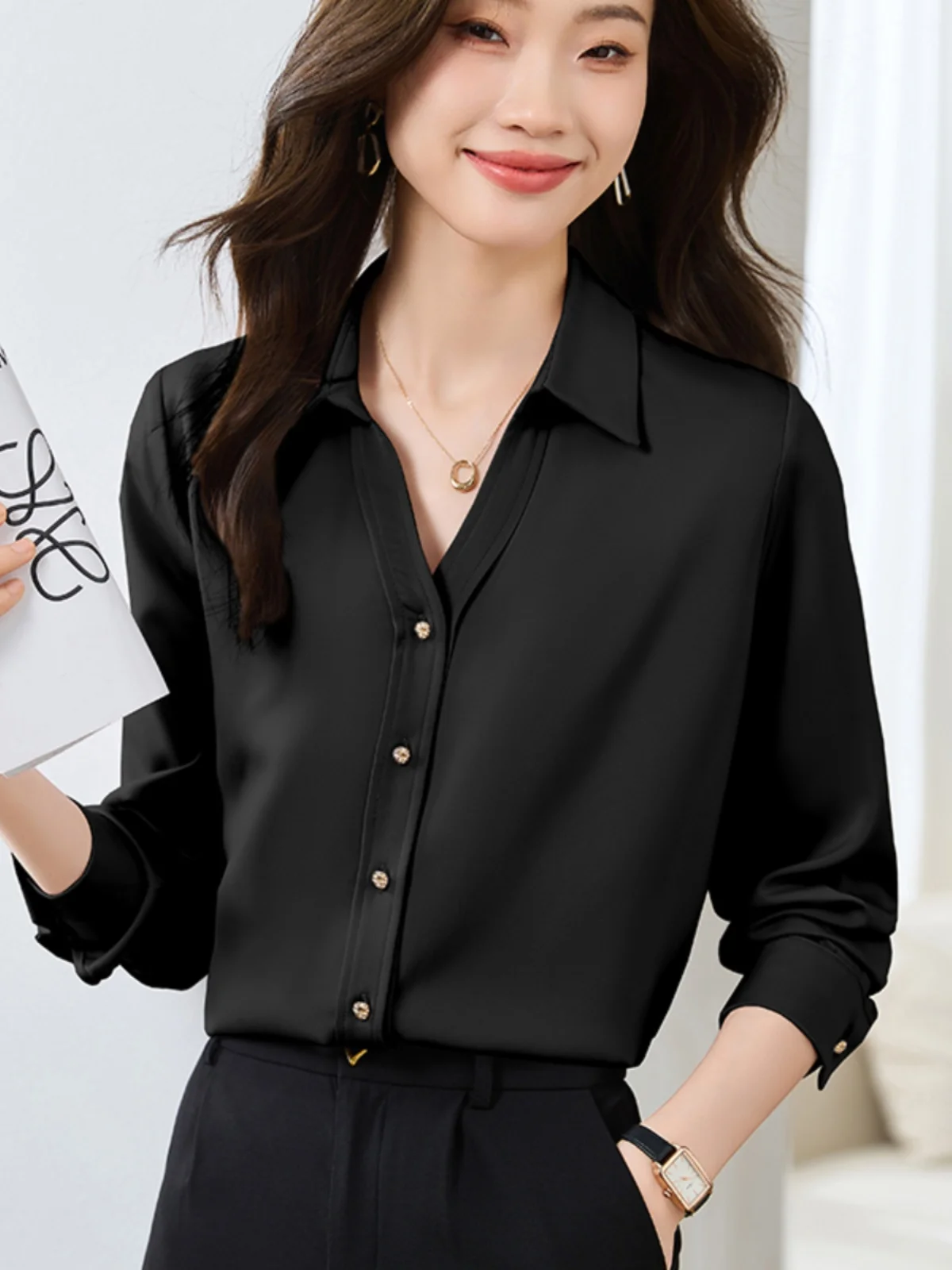 

Slim Fit Long Sve Chiffon irt Women's Base Layer Top Early Autumn Winter 2026 New Sle Commute Sle Soft Silk V Ne