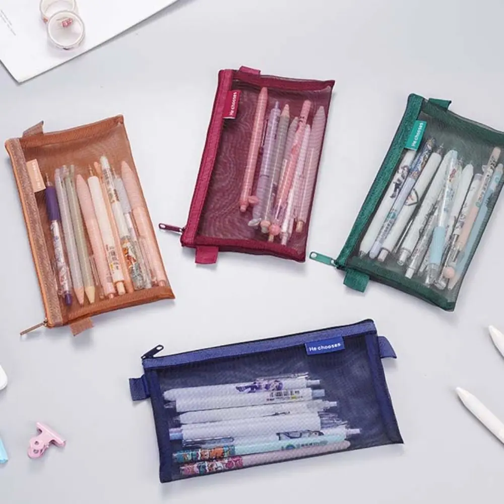 Nylon Mesh Pencil Case Retro Color Large Capacity Transparent Bills Bag Bills Bag Organizer Case Zipper Stationery Bag