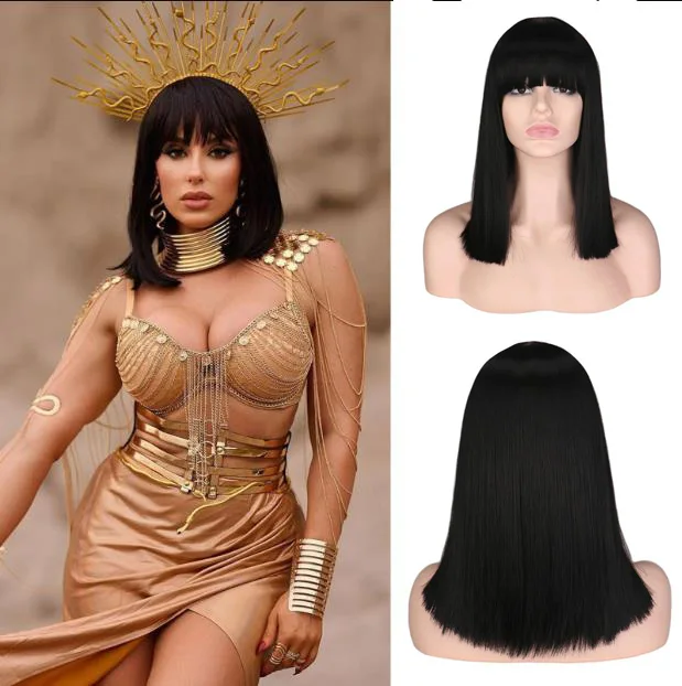 

Synthetic Egypt Queen Cleopatra Wig Short Straight Black Hair with Bangs Halloween Party Carnival Cosplay Wigs Halloween Party