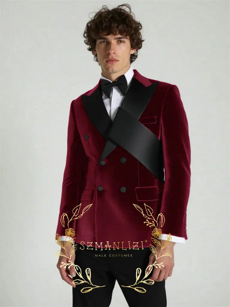 

Burgundy Velvet Suit Sets For Men Wedding Groom Tuxedos High Quality Outfits Classic Male Double Breasted Blazer Black Pants