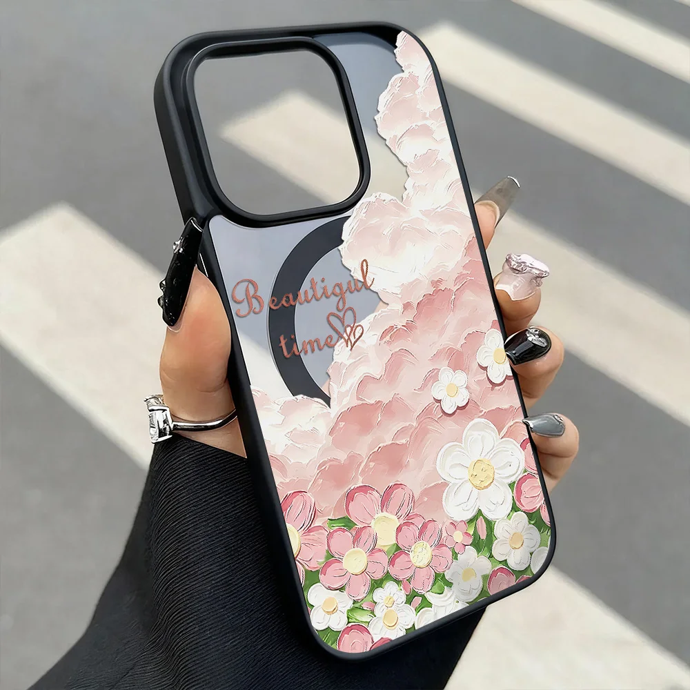 Oil Painting of Flowers Phone Case For iPhone 17 Pro Max Air 16 14 11 12 13 15 Pro Max Magnetic Clear Bumper Cover With lanyard