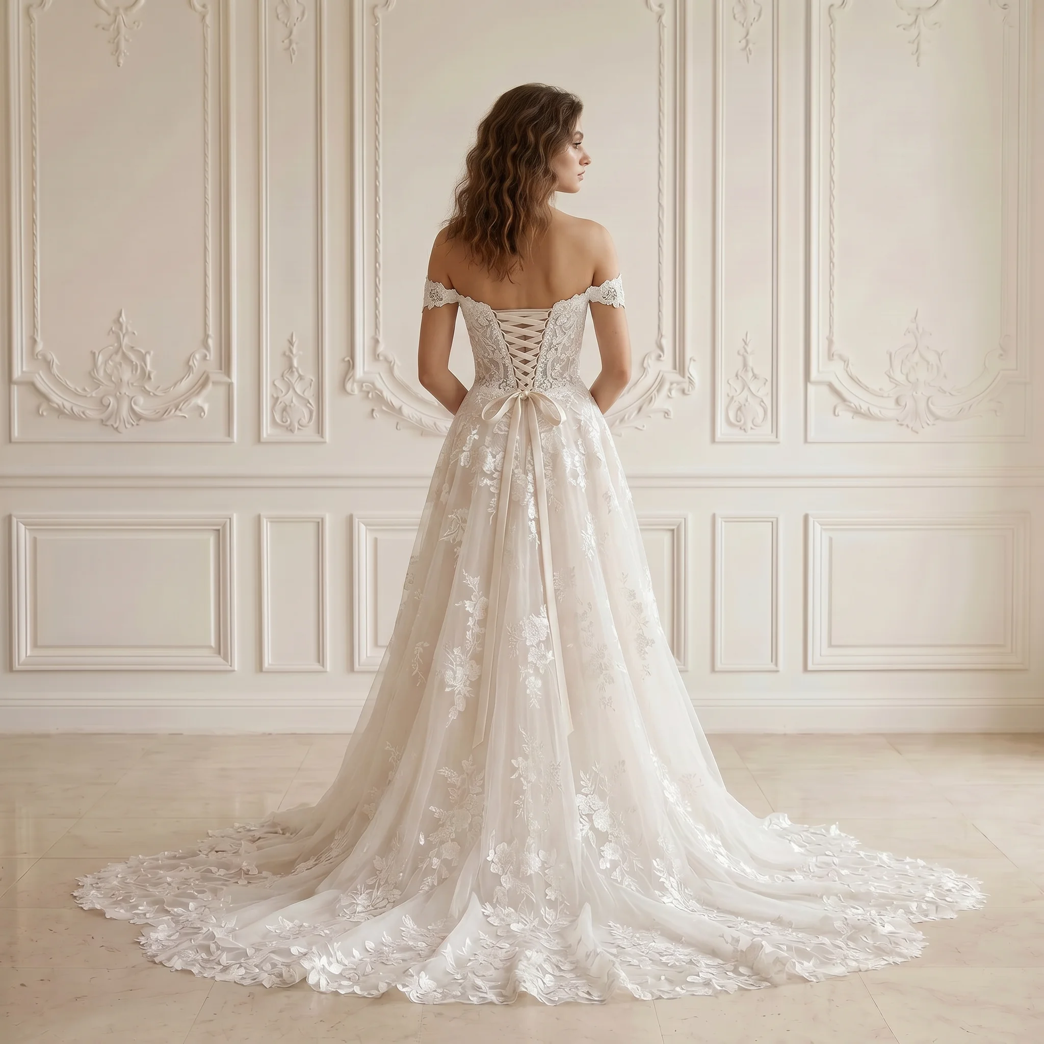 Off Shoulder Sweetheart A Line Wedding Dress 3D Floral Lace Corset Back Wide Floral Chapel Train Bridal Gown