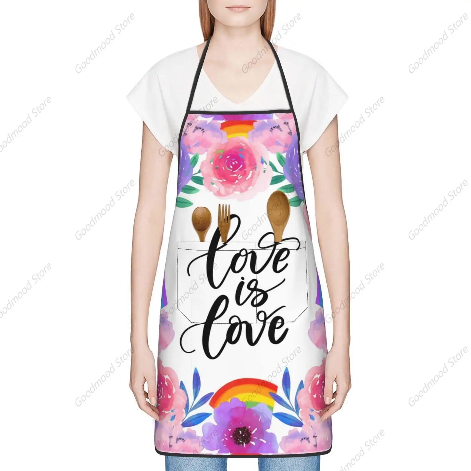 Love Is Love Pride With Flower Aprons Kitchen Chef Waterproof Adjustable Funny Apron For Bbq With Pockets For Men Women