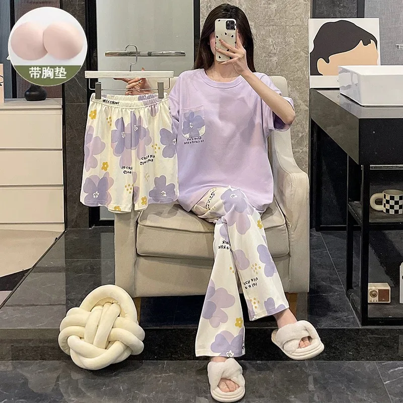 Dreiteiliger Damen-Pyjama für Frühling und Sommer, Loungewear mit langen Hosen, auch für draußen geeignet, süßer Cartoon-Loungewear für Mädchen und Damen