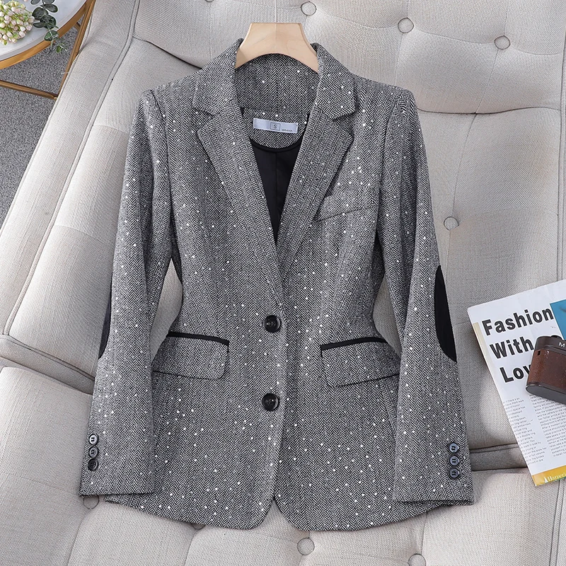 NAVIU Coffee Blazer Women Spring Autumn 2023 New High End Design Casual Slim Jacket Office Lady Work Coat Tops Gray