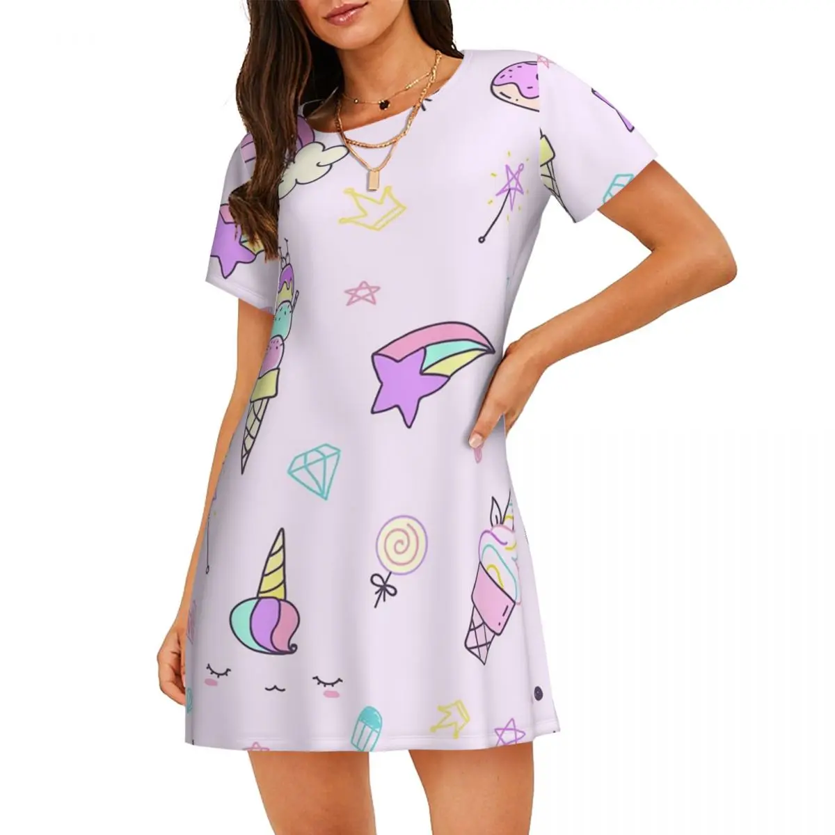 Custom Ice Cream Unicorn Short Sleeves Nightdress For Sleeping Sleepshirts Women Short Sleeve Nightgowns Soft Pajama Dress