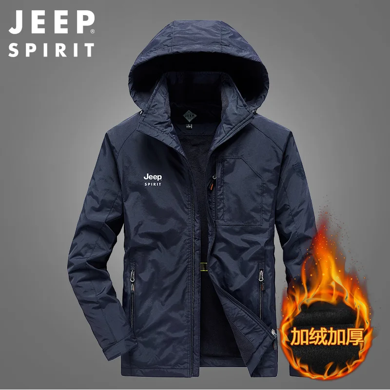 JEEP SPIRIT men jacket plus velvet thick autumn and winter leisure sports hooded warm outdoor coat Velcro cuffs clothes