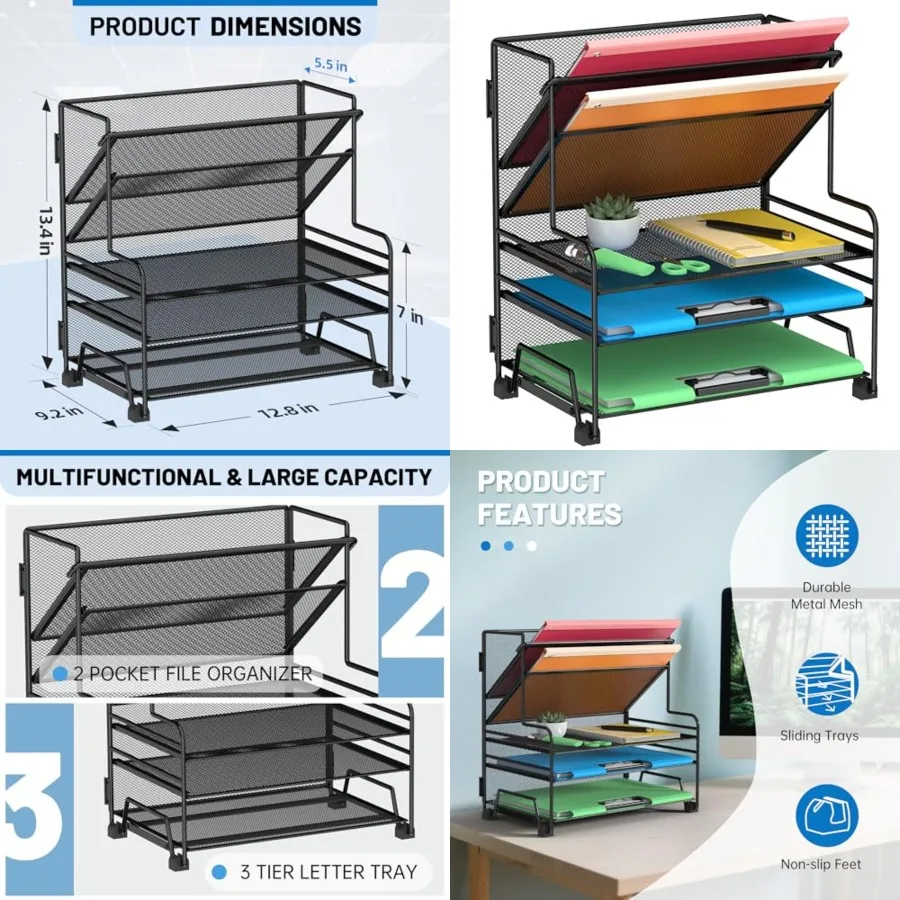 

3-х уровневый лоток для писем, органайзер для бумаги с 2-карманной металлической подвесной корзиной для эффективного офиса, школы и класса, управления документами