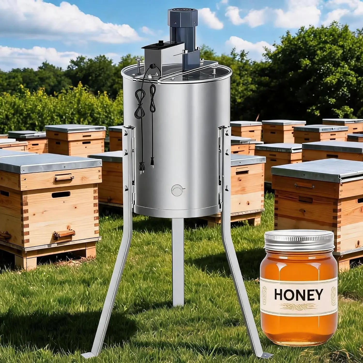 TWISTER.CK 4-Frame Electric Honey Extractor – Food-Grade Stainless Steel Spinner with Stand, Transparent Cover & Efficient Harvesting Design for Beekeepers
