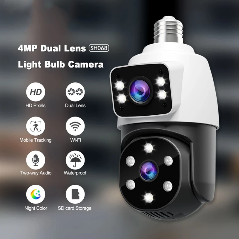 4MP Bulb Wifi PTZ Surveillance Camera Wireless 2MP Dual Lens, Night Vision Human Tracking, Security Baby Monitor