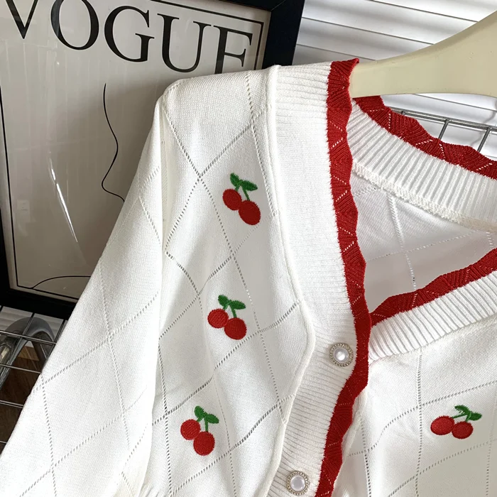 Cherry Cardigan Cute Applique Long Sleeve Button Front Sweater Jacket for Women Autumn Winter Vintage Cottagecore Outfit