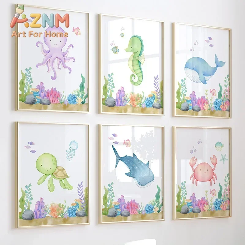 Octopus Seahorse Whale Shark Turtle Crab Nordic Nursery Wall Art Posters Prints Canvas Painting  Pictures Baby Kids Room Deco