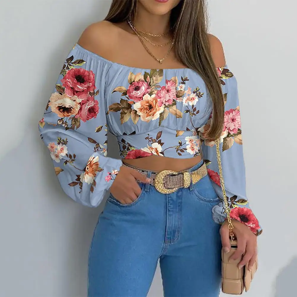 Women Elegant Boho Print Blouse Casual Long Lantern Sleeve Sexy Off Shoulder Slim Shirt Female Chic Cropped Top Summer Tunics