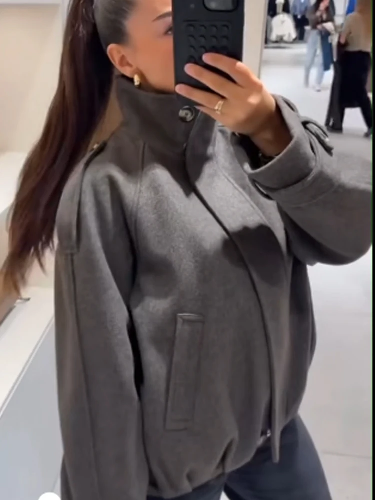 New Women Cropped Faux Woolen Coat High Neck Asymmetric Button Loose Zip Up Woolen Jacket Autumn Winter Short Streetwear