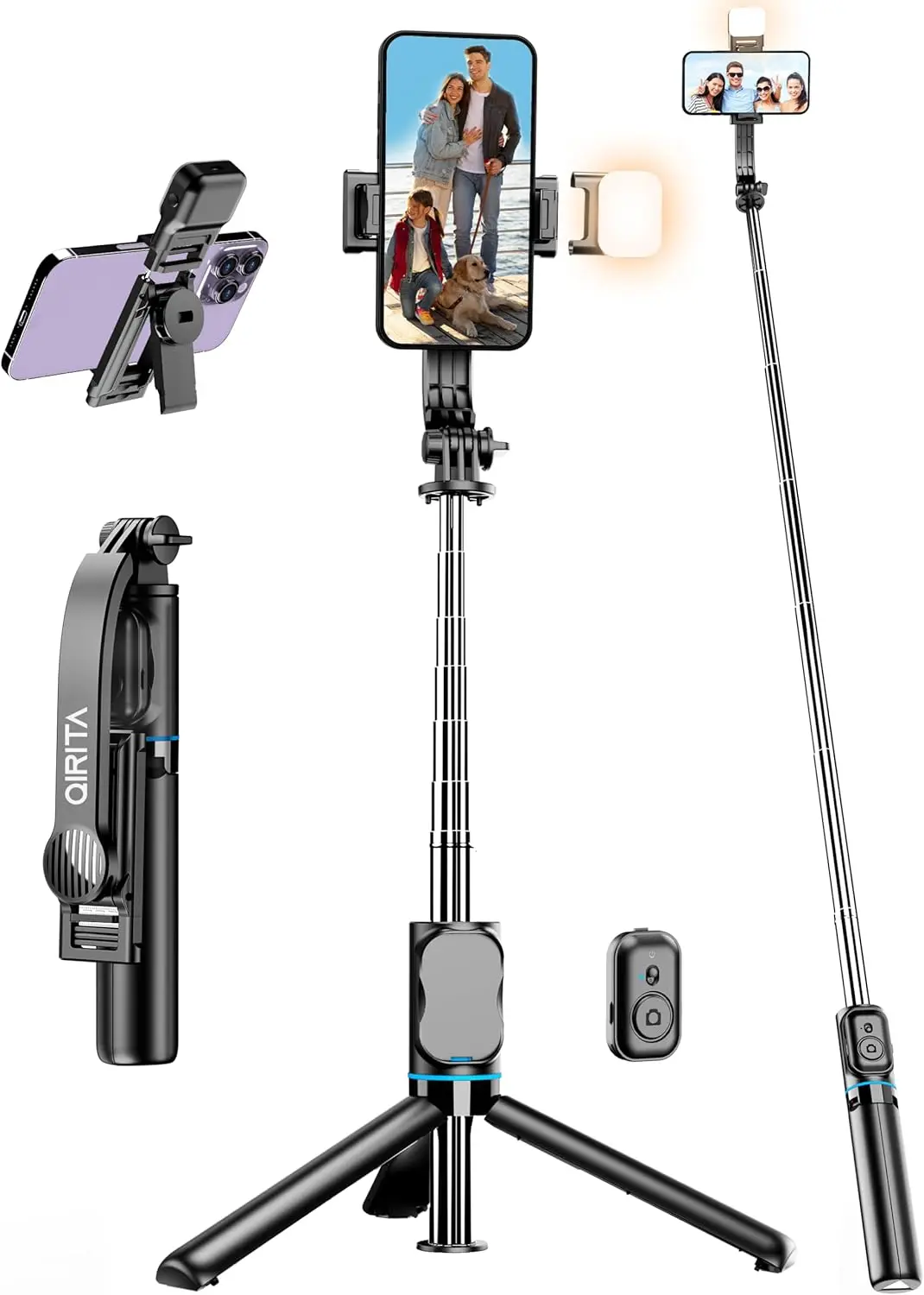 

42" Selfie Stick Tripod with Fill Light Extendable Phone Stand All-in-1 Travel Tripod with Detachable Remote & Phone Holder for