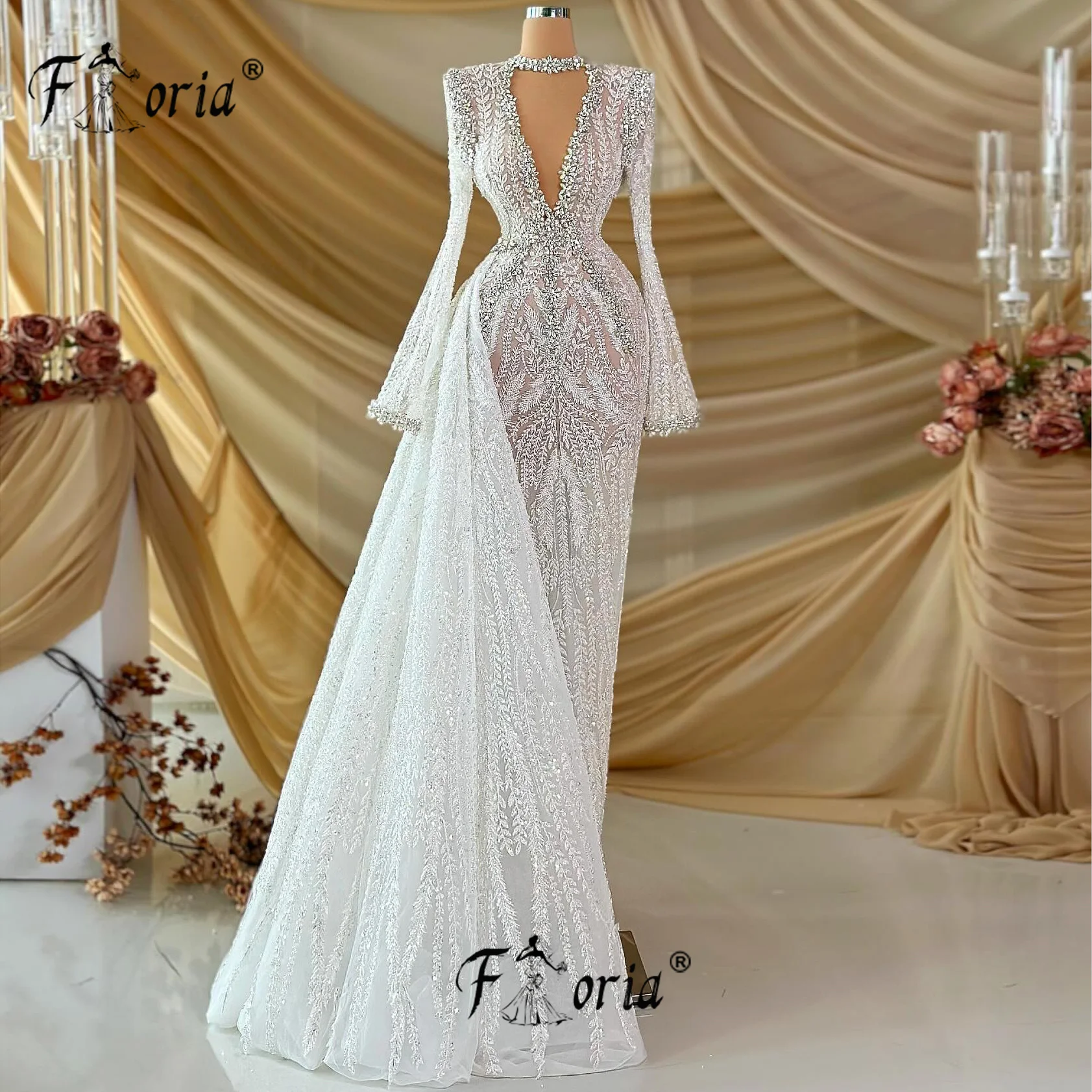 Glamorous Ivory Crystal 3D Lace Appliques Wedding Dress Side Tail Long Sleeve V Neck Floral Customized Bridal Dresses Couture