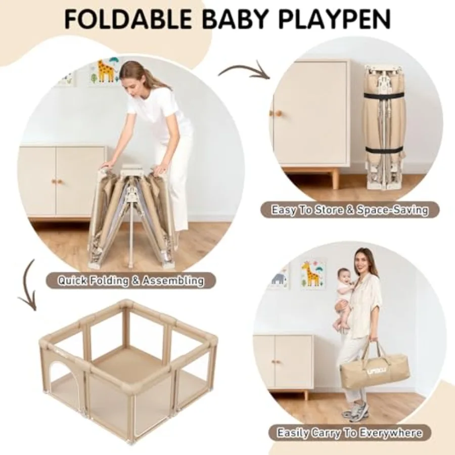 روضة أطفال قابلة للطي للأطفال الرضع والأطفال الصغار، قلم لعب كبير محمول مع بابين و4 مقابض 50 كرة، 50 × 50 بوصة كاكي #3