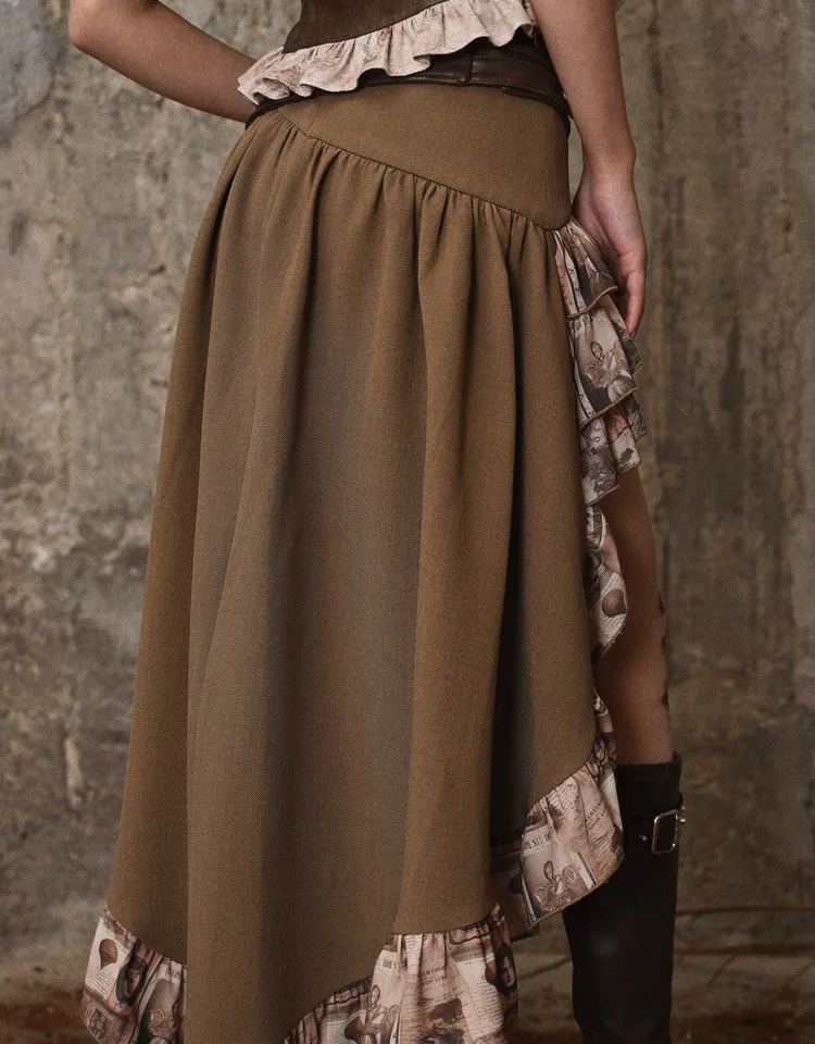 Blood Supply Original Gothic Autumn Punk Vintage Asymmetric Skirt Ruffles Pocket Grunge Long Skirt