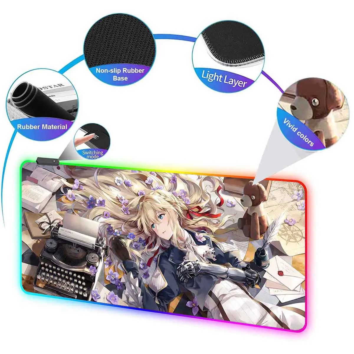 أنيمي V_Violet E_Evergarden RGB الخلفية ماوس الوسادة ماوس حصيرة V_Violet LED كبيرة ماوس الوسادة عدم الانزلاق حصيرة لوحة المفاتيح ألعاب الملحقات