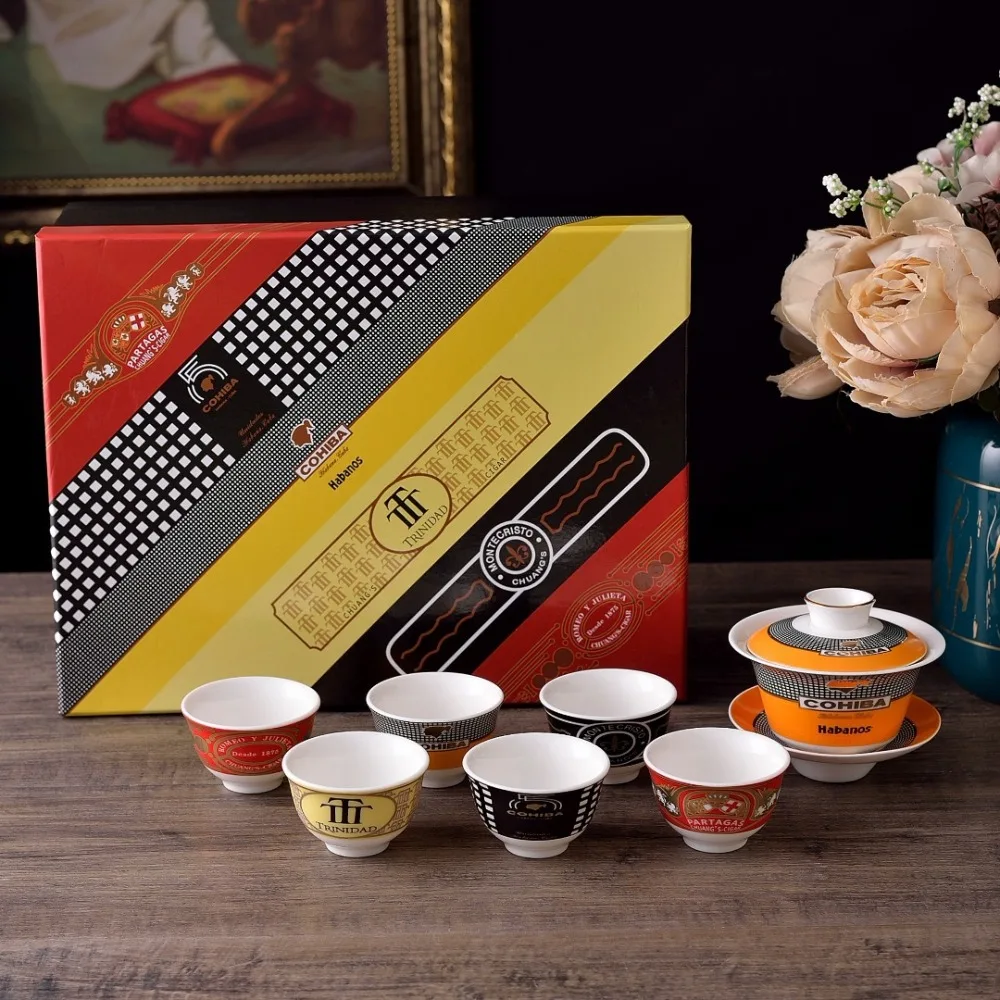 Cigar Themed Gongfu Tea Set Luxury Lidded Cup Collection for Home Office Fathers Day Gift High End Tea Ware Ceramic Cup Mugs