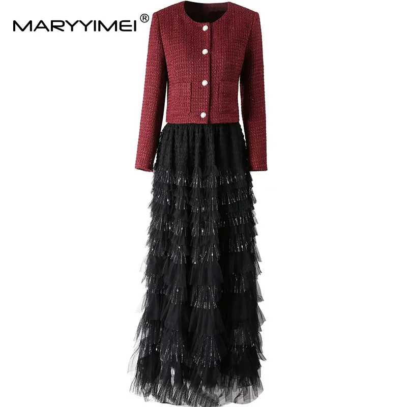 

MARYYIMEI Fashion design Women's Suit Single-Breasted Long-Sleeved Tops+Mesh Half skirt Sequins 2-piece set