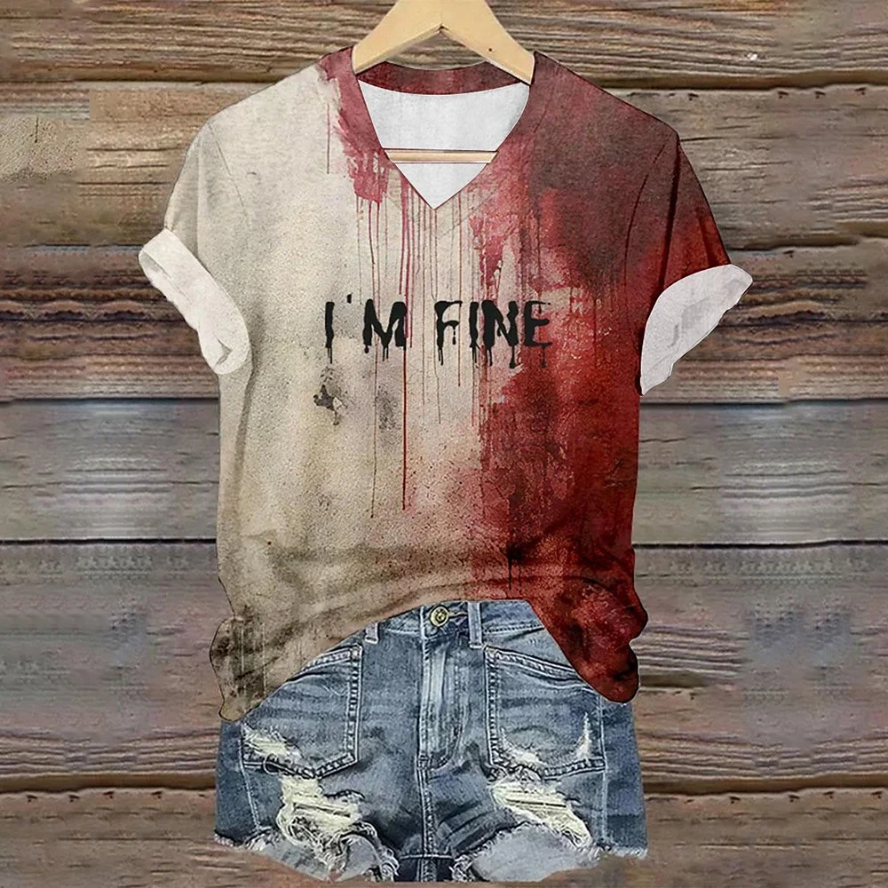 Vintage Women's T-shirt V-neck T-shirt Letter Printed Short Sleeve T-shirt Casual Loose Clothes Halloween Bloody T-shirt