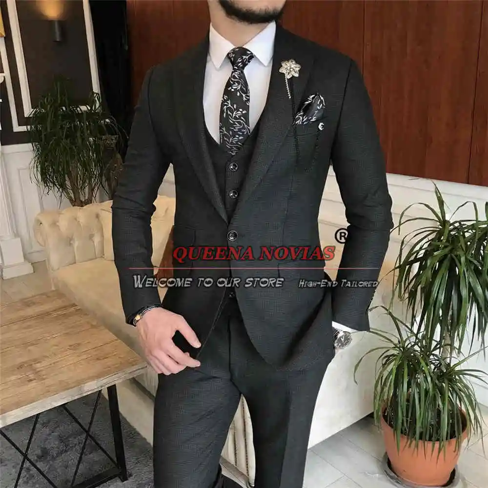 Trajes formales ajustados para hombres, ropa de novio, esmoquin de boda, chaqueta de un solo pecho negra, ropa de fiesta de noche de banquete hecha a medida