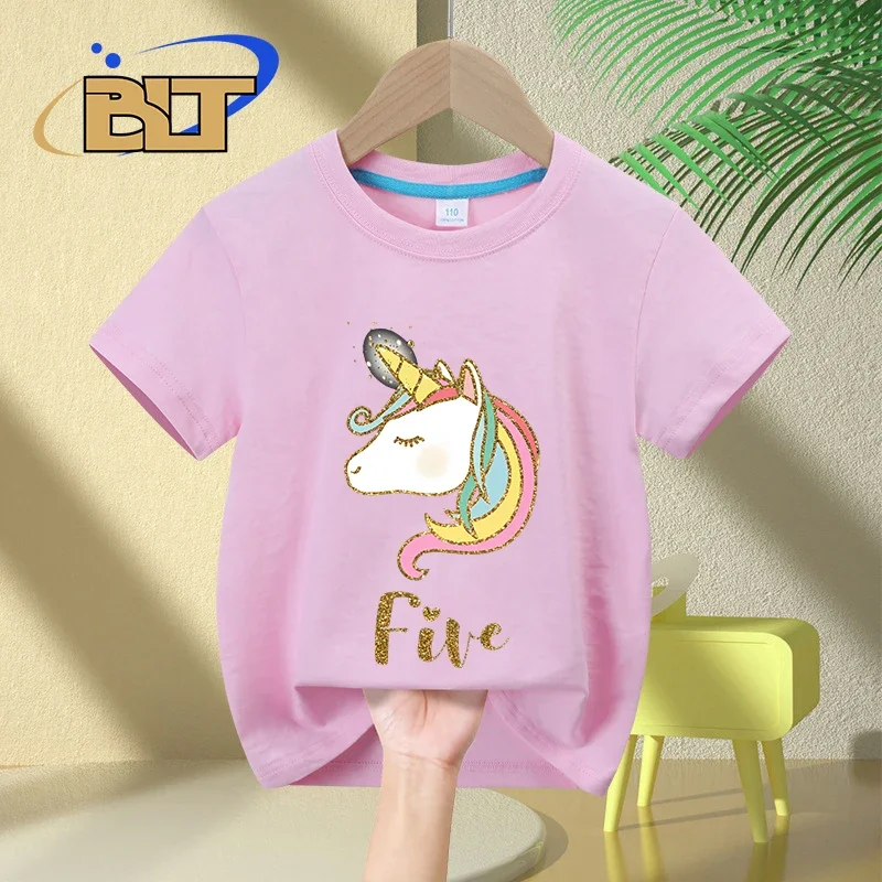 Girls Unicorn 5th Birthday T-shirt summer kids cotton short-sleeved casual top birthday gift