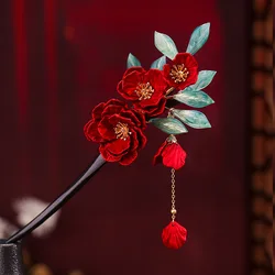 Chinese Wood Hair Sticks for Women Handmade Luxury Red Flower Hairpins Hair Chopsticks Wedding Party Head Jewelry Accessory