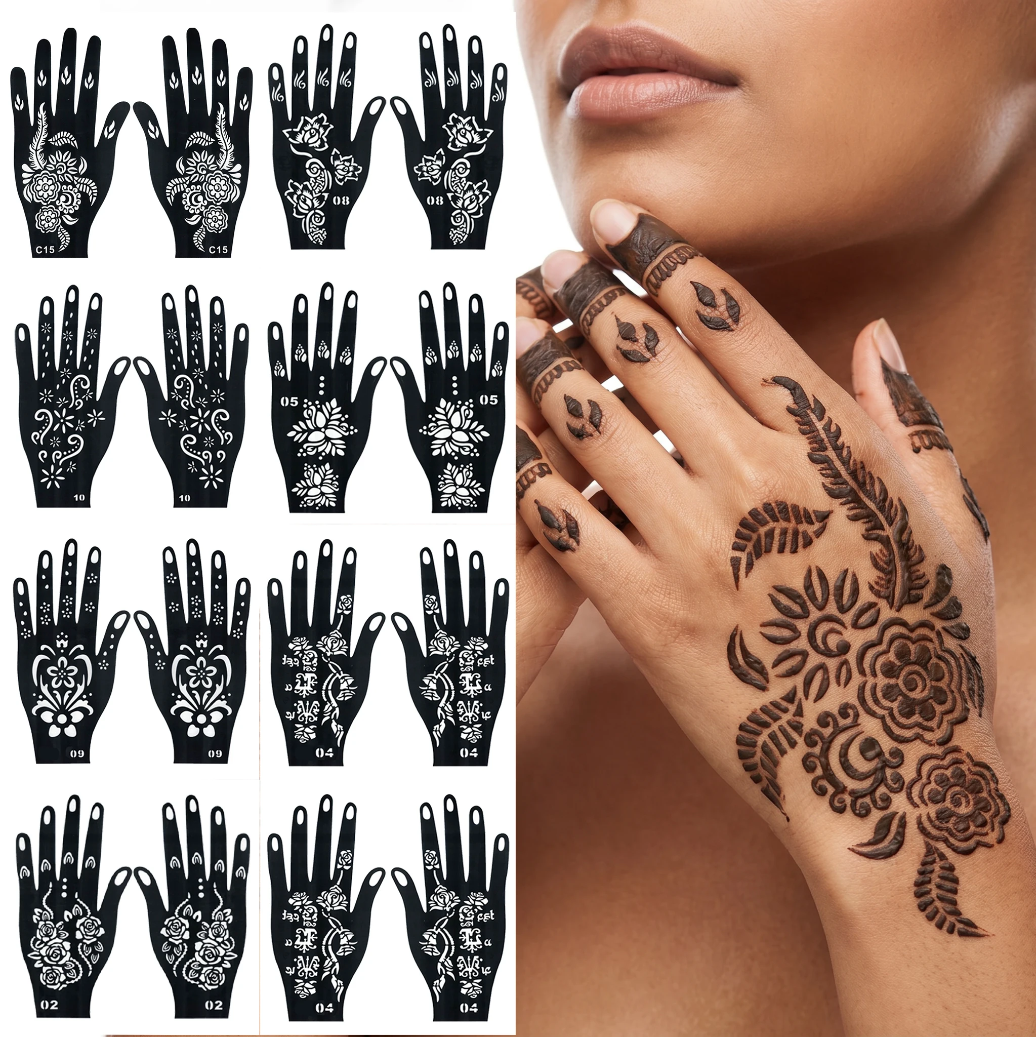 

Flower Pattern Tattoo Stencils for Women Hollow Henna Tattoo Stencils for Hand Fingers Reusable Tattoo Templates Tattoo Tools