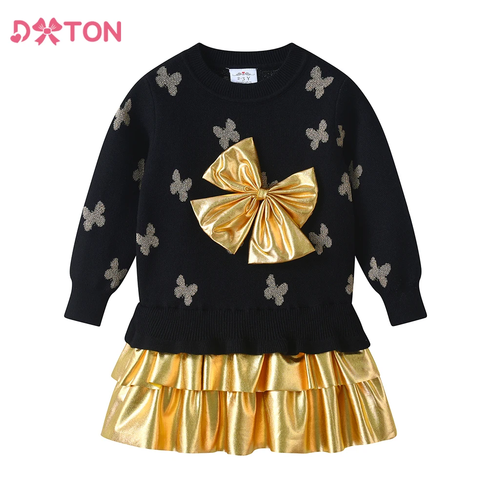 

DXTON Winter Sweater Dress Knitting Children Warm Clothes Butterfly Print Bow Princess Dress Patchwork Thick Kids Knitted Dress