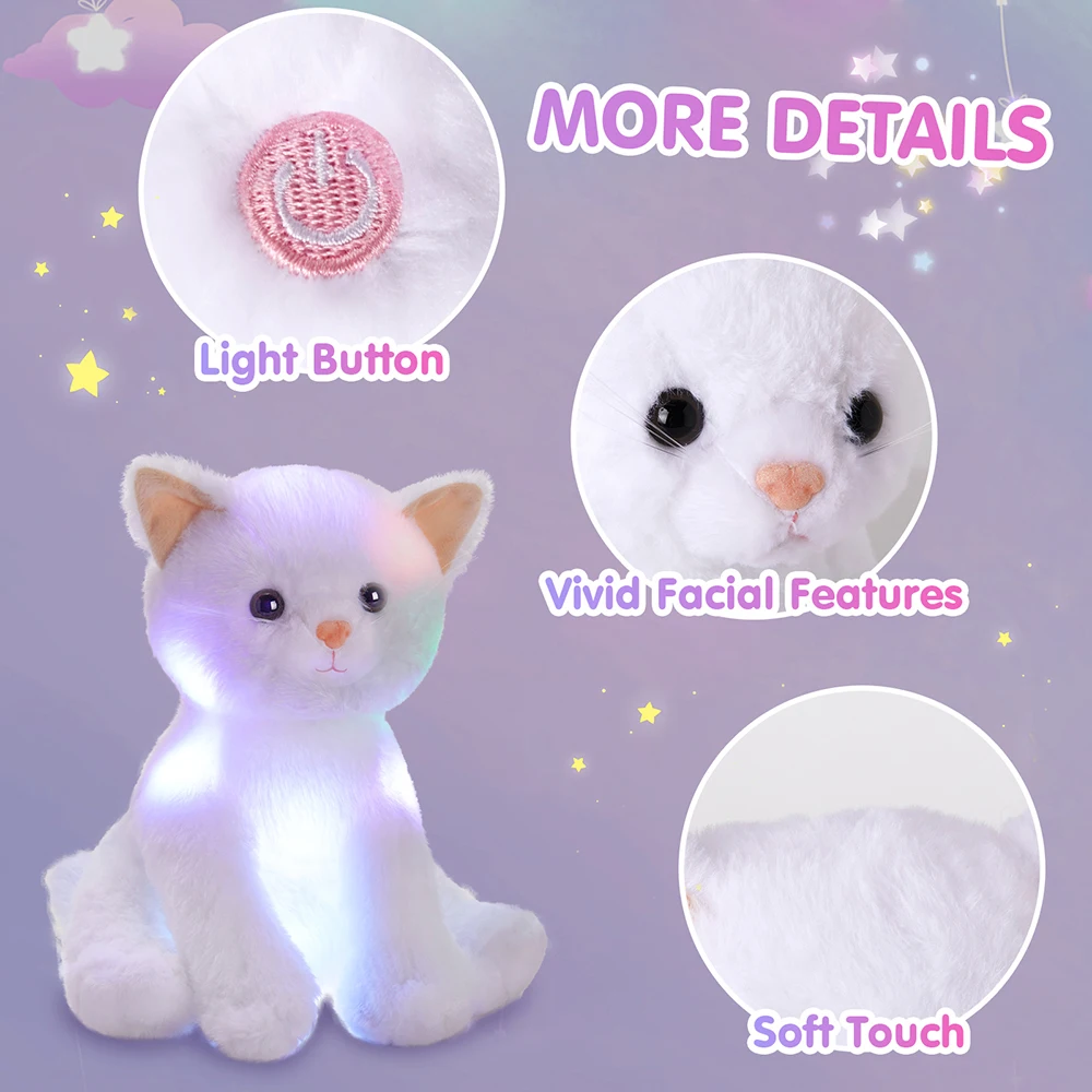 Juguete de peluche luminoso LED brillante para niñas, muñeco de gato Kawaii, almohada para dormir, canciones de cuna, gatito blanco, animales de