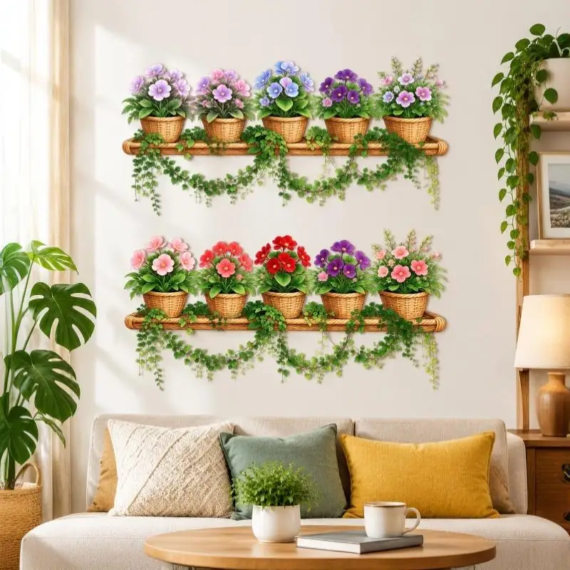 Potted Flower Wicker Shelf Vine Wall Sticker Removable Self Adhesive for Coffee Shop Restaurant Wall Decoration