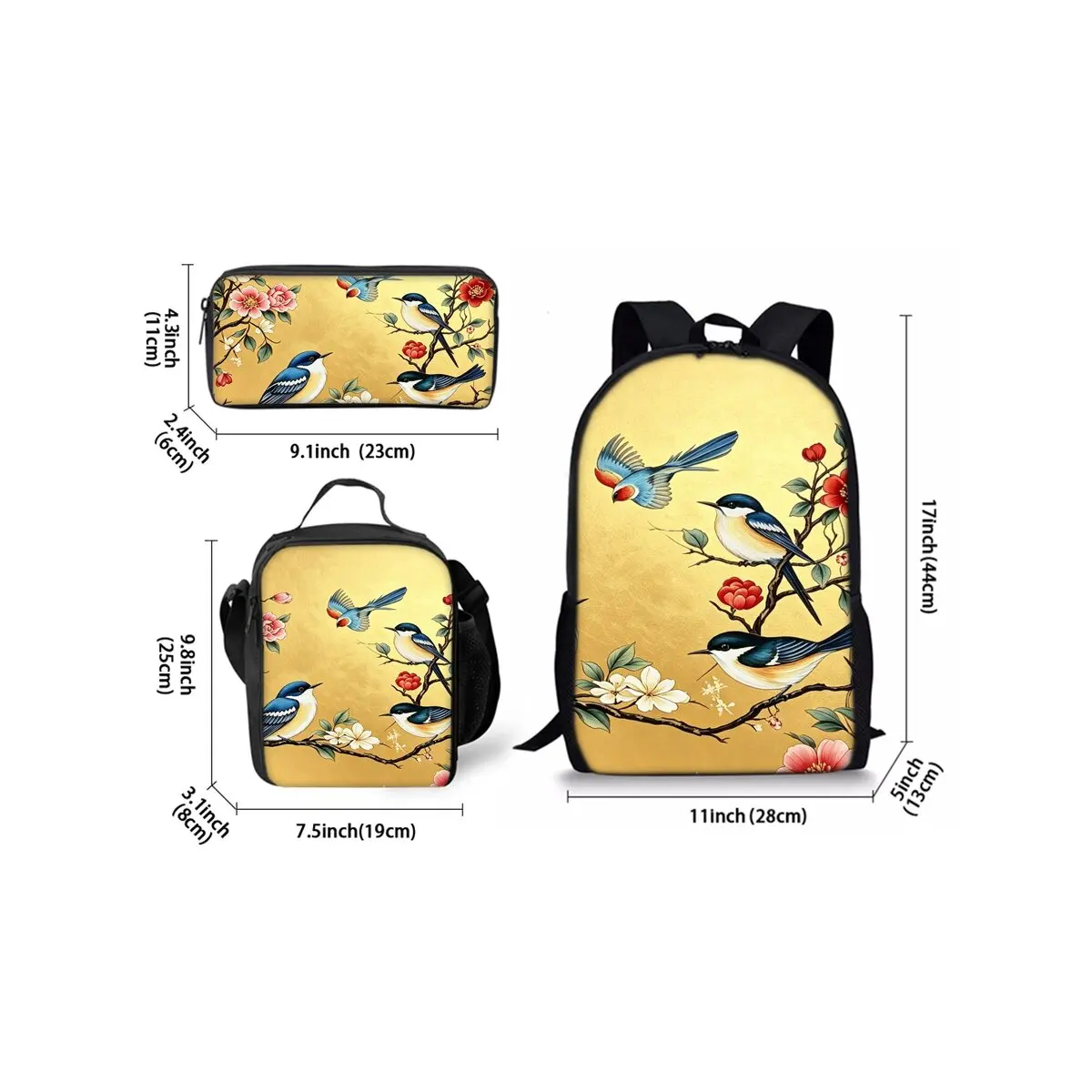 Bird Print Three Piece Backpacks Set for Boy and Girls Best Gifts 2D Flat Cartoon School Bag for Children