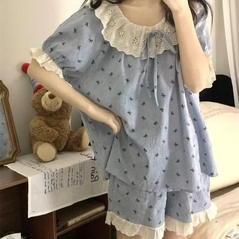 2/pce Set Women Spring Summer Casual Pajama Girl Short Sleees Pants Shorts Loungewear Lady Fashion Lace Heart Print Cloud Pajama view 3
