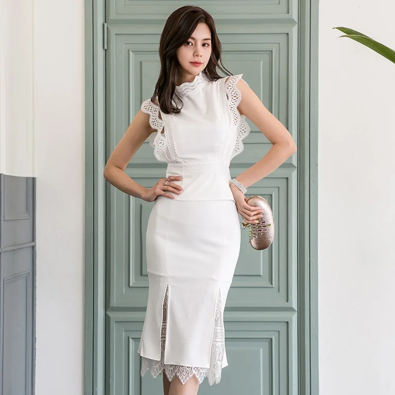 Korean Fashion Summer White 2 Piece Set Women Ladies Elegant Formal Chic Lace Hollow Sleeveless Shirt Tops Midi Skirt Slim Suits