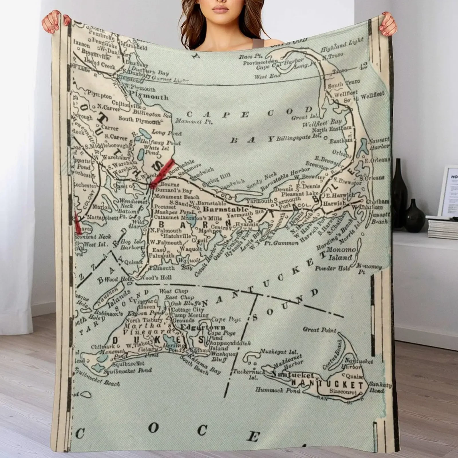 Vintage Cape Cod Map (1893) Throw Blanket Plush Fuzzy Cozy Blanket for Couch Sofa