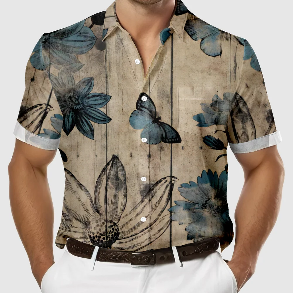 Camisa de borboleta masculina estampada, Botão para cima, Tecido Vintage, Casual, Mangas curtas, EUA, Tamanho positivo, Verão, Hot Sale, Personalizado