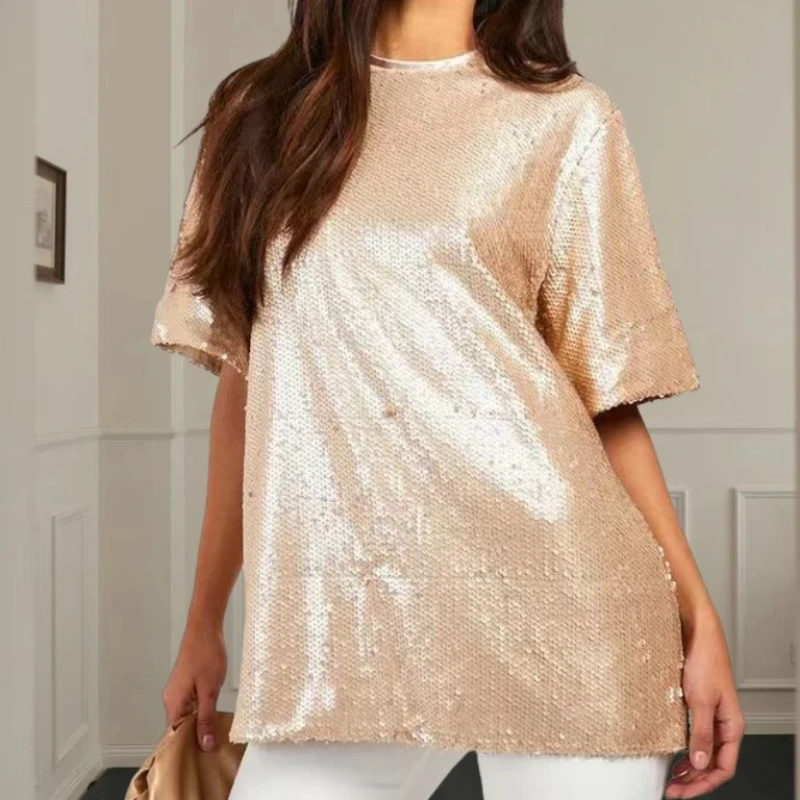 Trendy Sequin Performance Outfit Short Sleeved T-shirt Nightclub Sequin Youth Pullover T-shirt