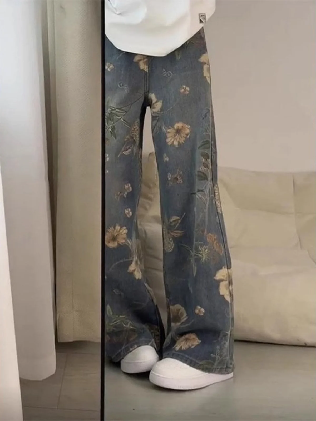 

Мужские джинсы прямого кроя с цветочным принтом, зауженные, с высокой талией, длинные брюки, модные брендовые брюки Cleanfit, зауженные, с легким клешем, для высоких мужчин