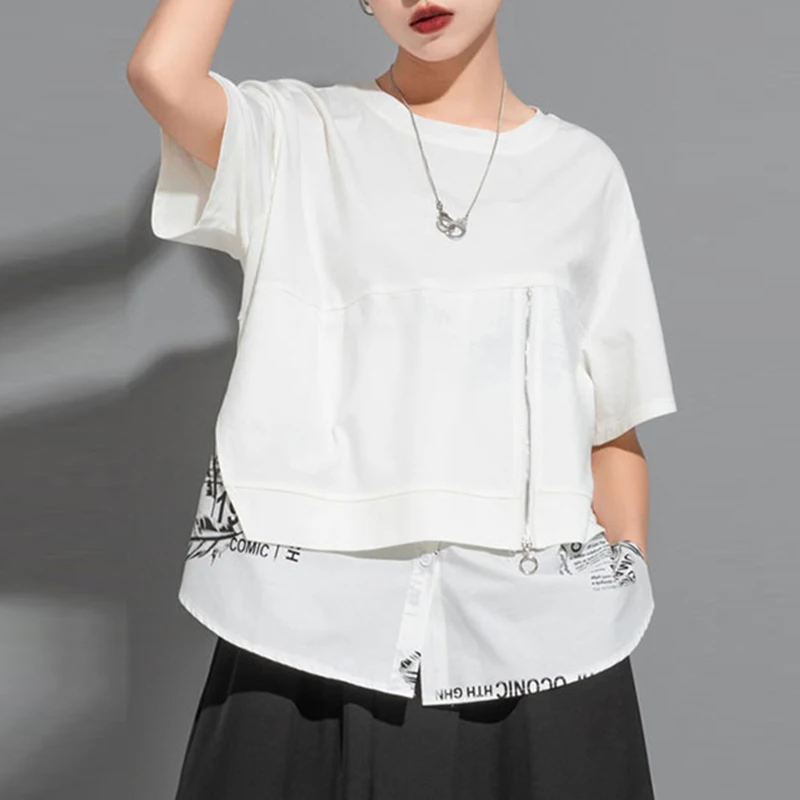 

Krismile Women's Dark Deconstructed Fake 2 Piece T-Shirt 2026 New Print Loose Zipper Spring Summer Casual Edgy Unique Lady Tops