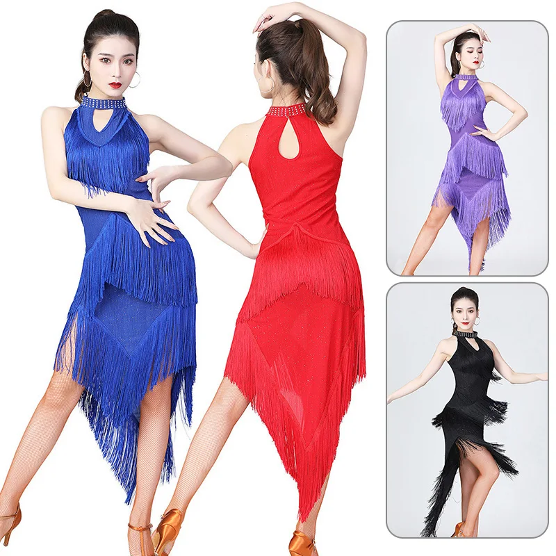 Women Latin Dance Dress Sequin Tassel Ballet Dress Dancewear Jazz Cha Cha Salsa Tango Skate Dancing Rumba Performance Costume