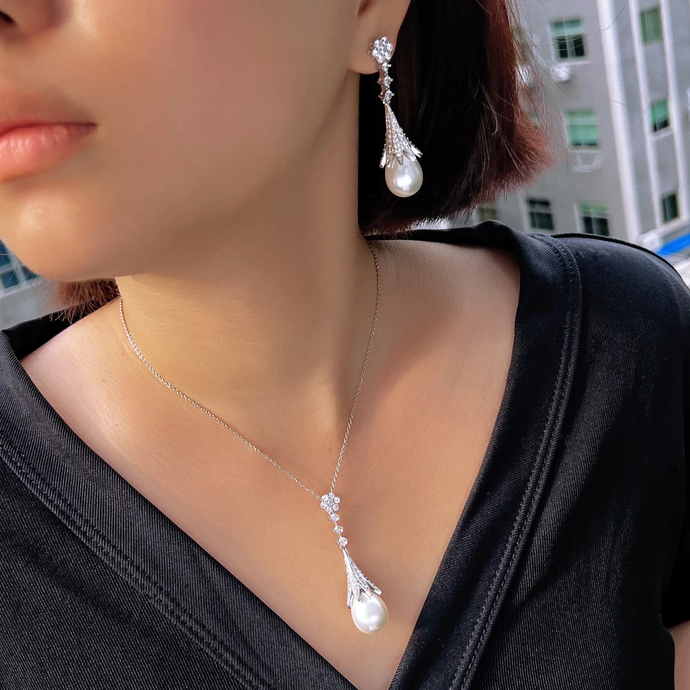 CWWZircons Chic White Cubic Zircon Long Dangle Drop Leaf Pearl Pendant Necklcae and Earrings Women Daily Party Jewelry Set T754